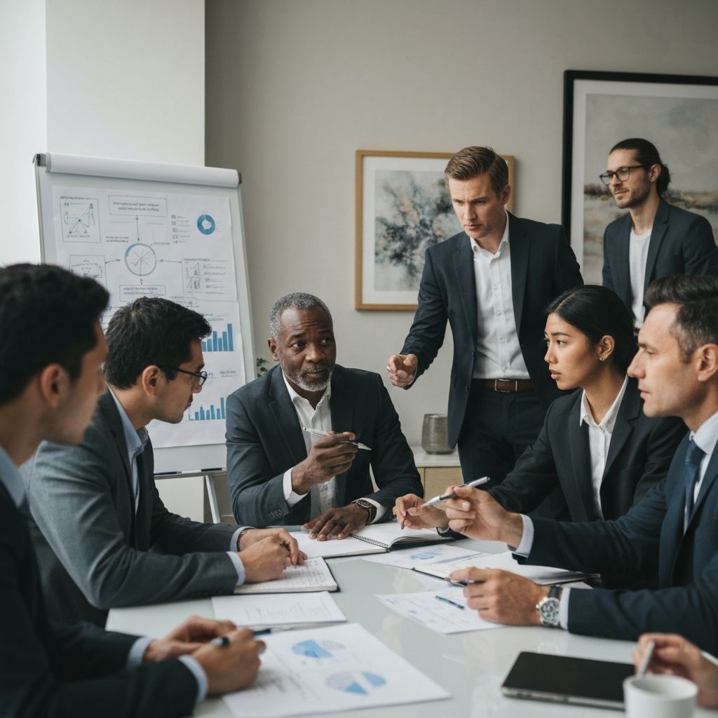 Executive team reviewing financial reports during strategy meeting